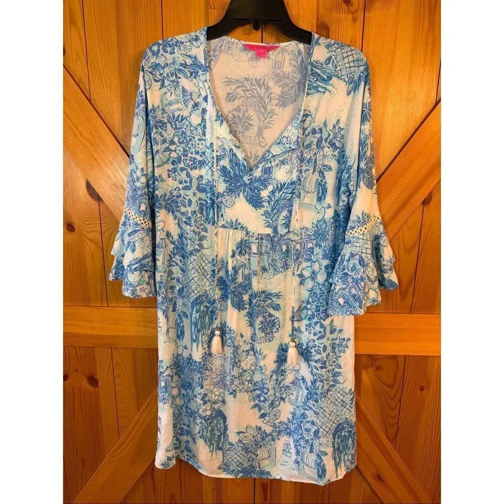 Lilly Pulitzer Blue Aqua White Azita Tunic Toile Me About It Dress Size Small (6